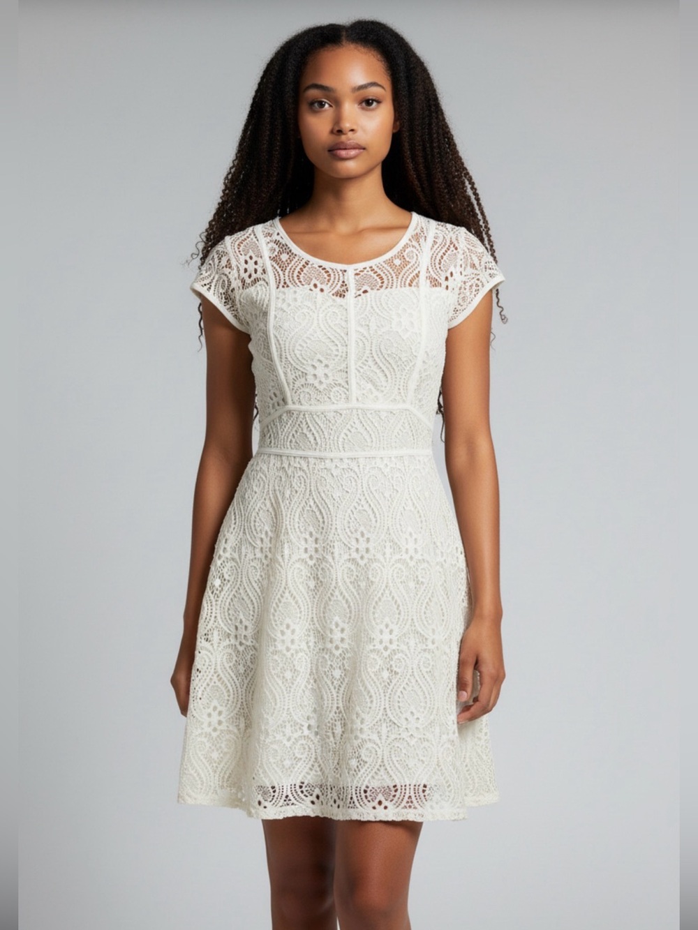 Liberty Love Cream Lace Illusion Neck Mini ALine Skater Dress Small Bridal Party